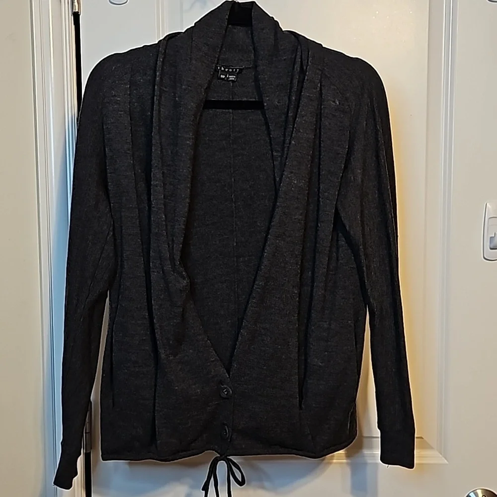 Theory Cardigan Button & Drawstring Wool Blend Charcoal Cowl Neck Collar Small